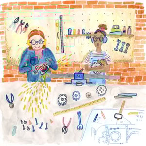 a watercolour illustration of two older children using power tools