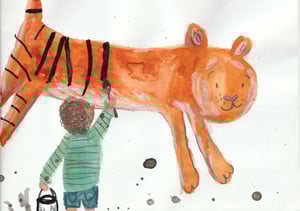 A watercolour and ink illustration of a tiger and a child painting his stripes on