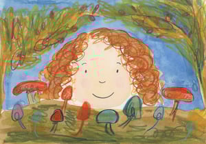 an ink and pencil illustration of a little girl with curly hair's face with mushrooms