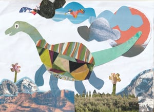 a collage of a green patterned dinosaur on a sunny day