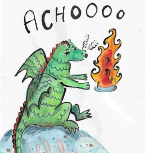 An ink and watercolour illustration of a sneezing dragon
