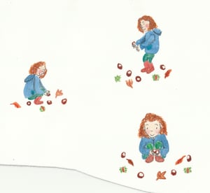 a series of images of a little girl collecting her conkers in watercolour and pencil