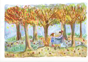 a watercolour, pencil illustration of a queer family hugging 
