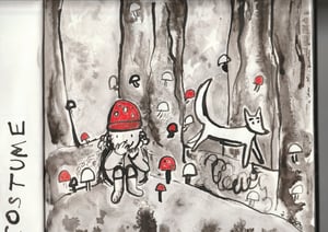 an ink drawing of a little girl hiding from a fox in a forest with mushrooms