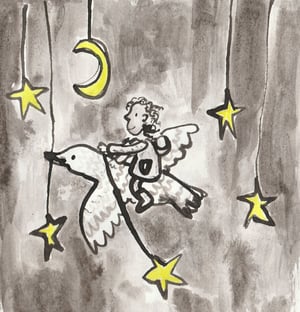 an ink drawing of a girl hanging up stars flying on a bird