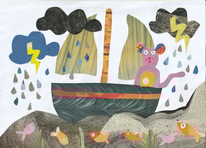 a collage of a monkey on a sailing boat in a storm with fish