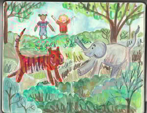 a sketchbook page spread of two little girls and a tiger and elephant in a park or garden