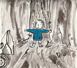 an ink illustration of a girl and a fox saving a tree from diggers
