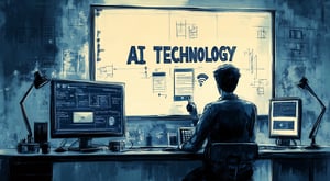 a man sitting at a desk with a laptop and a computer