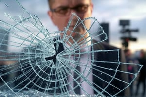 A man looking at broken glass.