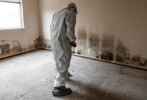 alt="Mold remediation technician inspecting wall while wearing protective suit and gear"