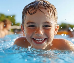 Smiling child playing in a clear blue pool, capturing the joy and safety of a well-maintained swimming environment.
