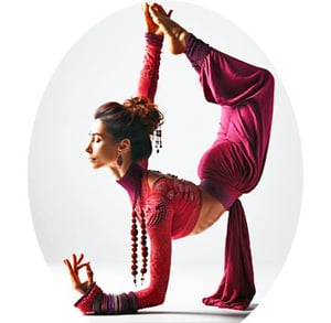 a woman in a red dress doing a yoga pose