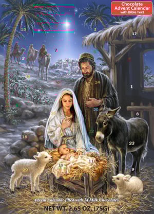Nativity advent calendar showing Jesus, Mary, Joseph
