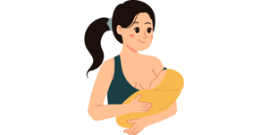 Una donna con la coda che allatta il bambino che ha in braccio, maternità, genitorialità