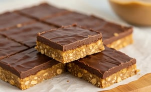 No-bake peanut butter chocolate bars stacked on parchment paper.