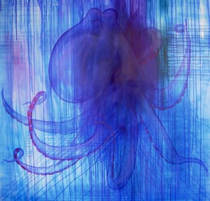 a painting of an octopus in a blue and purple background