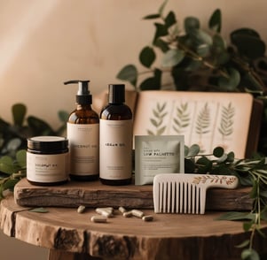 a wooden table with a comb and body lotions