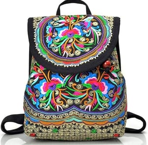 Vintage Embroidered Women Backpack Ethnic Travel Handbag Shoulder Bag, Boho, Floral, Pink, Blue, Red