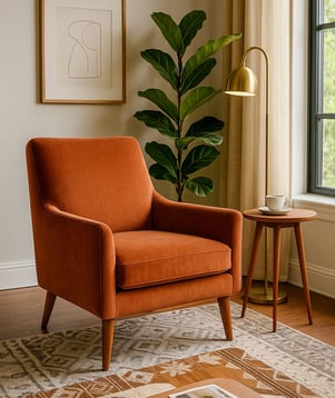 Rust-orange Mid-Century accent chair styled with lamp, art, and natural light