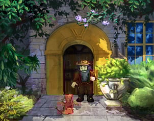 a male dwarf in some country clothing finds a dog sized red dragon outside his door.