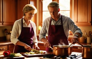 un hombre y una mujer en delantales cocinando en una cocina