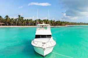a boat in the water with palm trees in the background