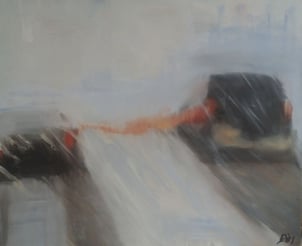 Besneeuwde snelweg, olie op doek