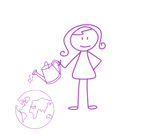 Female stick figure watering planet earth.