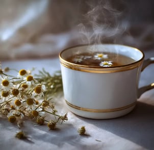 xicara branca com chá de Camomila em uma mesa e flores de Camomila ao redor e dentro da xicara
