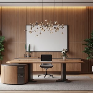 oficina con paredes de madera y luz indirecta