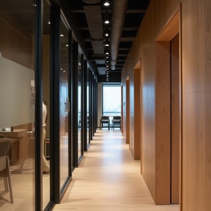 pasillo con mamparas de cristal, revestido de madera