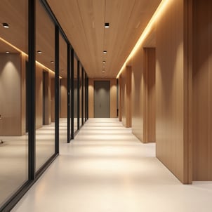 pasillo con mamparas de cristal y paredes revestidas en madera