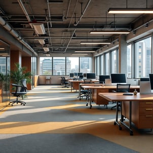 interior de oficina con alfombra gris y mesas de trabajo