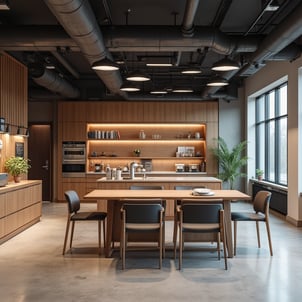 Area social con muebles de madera y suelo de cemento pulido