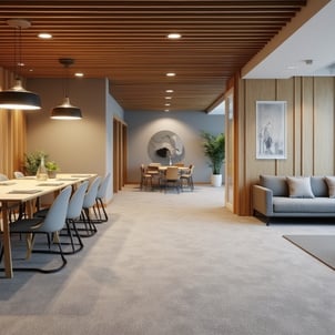 interior con techo de lamas de madera, alfombra gris, paredes revestidas en madera