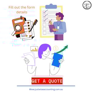 "Accounting service ad with cartoon people filling forms, 'Fill out the form details' and 'GET A QUO
