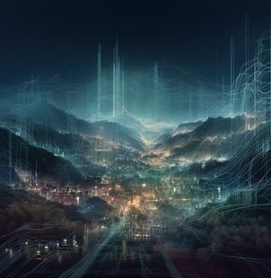 a cityscape of a city with a lot of lights and a mountain in