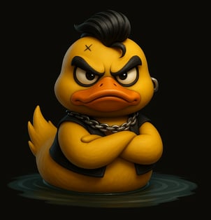 A bad ass duck, a rubber ducky with a black shirt and a bandanna
