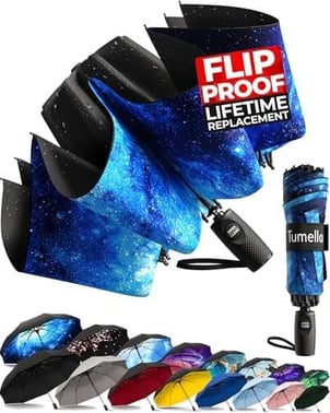 showcase of many designs of Tumella Flip-proof Travel Umbrella
