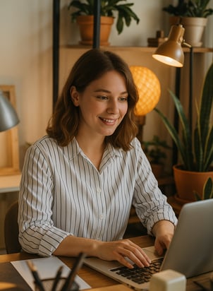 a woman sitting at a desk with a laptop computer