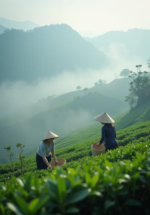 two women in hats and hats are standing in a field