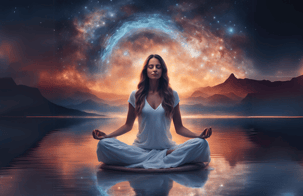 woman meditation fantasy landscape water reflexion energy spiral waves white meditations