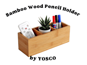 A natural bamboo organizer with compartments for pens, remote controls, and small office supplies.