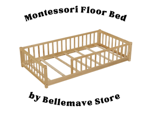 A natural wood Montessori-style floor bed, promoting independence and safe sleep for toddlers and young children.