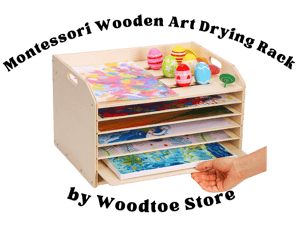 A multi-tiered wooden drying rack for children’s artwork, ideal for Montessori classrooms or home art stations.