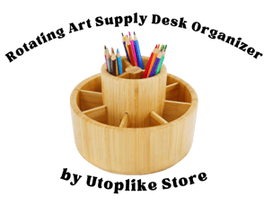 A wooden rotating art supply organizer with multiple compartments, holding colorful pencils and markers. Montessori inspired!