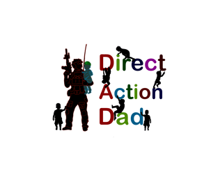 a man combat gear holding a rifle and a child with the words "Direct action Dad" 