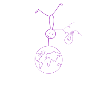 Male stick figure doing a handstand on top of earth while holding a lightbulb.