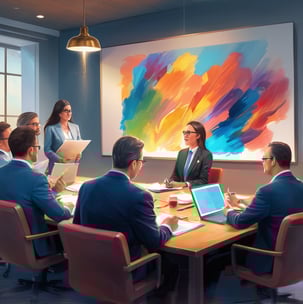 a group of people sitting around a table with laptops